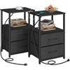 TUTOTAK Comodino con stazione di ricarica, tavolino con 2 porte USB e uscite, comodino con cassetto in tessuto, set da 2, tavolino nero TB01BK052UK
