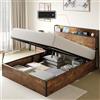LUXOAK Letto con Contenitore e Meccanismo di Sollevamento, Letto Piattaforma con Testiera in Legno, Scomparti di Stoccaggio e Stazione di Ricarica, Senza Molle (Marrone, 140x200cm)