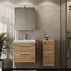 Planetmöbel Set di mobili da bagno lavabo con mobiletto 63 x 60 x 36,5 cm, armadietto a specchio 60 cm con luce LED (nero opaco) e presa, con armadio midi, per bagno e WC ospiti, rovere Sonoma