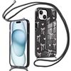 Krdvekm Cover per iPhone 15 6,1'' con Cordino, Aesthetic Fiocco Cuore Motivo Disegno Nero Silicone Ragazze Case Corda con Regolabile Laccio Antiurto Antigraffio Bumper Protezione Custodia