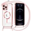 Oelrstfe Magnetica Cover per iPhone 12 Pro 6.1 con Cordino Regolabile, Compatibile con MagSafe,Trasparente Custodia con Collana Tracolla Laccio Collo TPU Silicone Lanyard Case Antiurto, Rosa