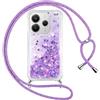 Vauki Cover per Xiaomi Redmi Note 14 5G con Cordino, Trasparente Glitter Liquido Antiurto Brillantini Tracolla Custodia, Antiurto Antigraffio Silicone Bumper Laccio Protettivo Case, Viola