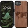 kwmobile Custodia Compatibile con Apple iPhone 17e / iPhone 16e Cover - Back Case in Legno con Bumper in Silicone TPU - Sagoma Mondo Marrone Scuro