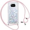 Vauki Cover per Xiaomi Poco X3 NFC/X3/X3 Pro con Cordino,Trasparente Glitter Liquido Antiurto Brillantini Tracolla Custodia,Silicone Bumper Laccio Sabbie Donna Protettivo Case per Poco X3,Argento