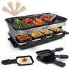 HengBO Raclette Grill per 8 Persone, Piastra Griglia Elettrica per Cucinare con Rivestimento Antiaderente Termico,Temperatura Regolabile, Manico Isolato, 8 Padelle, 4 Pala di Legno, 1500 W, Nero