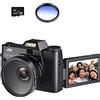 LLOOPK Videocamera, Fotocamere con obiettivo macro grandangolare for selfie Videocamera digitale da 48 MP Zoom 16X Webcam Registratore fotografico messa a fuoco automatica(32G TF Card,With Lens Fliter)