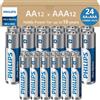 PHILIPS - Confezione combinata da 24 batterie AA e AAA, confezione variegata di batterie ultra alcaline, confezione da 12 pezzi ciascuno, durata di 10 anni, potenza di lunga durata, imballaggio