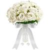 Wowagoga Bouquet da sposa da 30,5 cm con nastri di cristalli di perle, fiori artificiali per sposa e damigelle d'onore fiori finti bouquet per feste di nozze e chiesa (bianco)