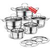 Mihoho Set di pentole in acciaio inossidabile, set di pentole a induzione da cucina da 12 pezzi, funziona con piani cottura a induzione/gas, set da con coperchio in vetro,non patinato (Argento D)