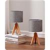 EDISHINE Confezione da 2 Abat-Jour in Legno, Lampada da Tavolo con Treppiede, Grigio, Attacco E27, Paralume in Lino Vintage per Camera da Letto, Soggiorno