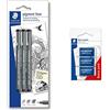 Staedtler penne Pigment Liner, inchiostro nero, punta in metallo, larghezza di tratto 0.1, 0.3 e 0.5 mm, set da 3 penne con punte diverse, 308S-9BK3D, 3 Pezzi & Mars Plastic 526 53 Gomma, Bianco