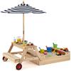 COSTWAY 3 in 1 Sabbiera in Legno, Tavolo da Picnic per Bambini Trasformabile con Panche, Ombrellone Rimovibile e Ruote, Set da Gioco per Bambini 3-5 Anni, per Esterno e Giardino