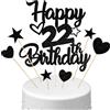 Conruich Decorazione per Torta di Compleanno 22 anni Uomo Donna, Cake Topper Happy 22th Birthday Nero, Torta Torta Stella Cuore Nero per Decorazione Festa 22 anni Compleanno Donna Uomo