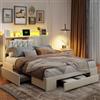 BIYFSDS Letto matrimoniale 160 x 200 cm con LED e USB, letto imbottito 160 x 200 con 3 cassetti di stoccaggio, letti per 2 persone con rete a doghe letto imbottito, telaio letto con cassetto (Beige-1