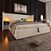 REXO Letto matrimoniale 180 x 200 cm, con comodino, lampada da lettura e funzione di ricarica USB di tipo C, letto con rete a doghe in legno massiccio e metallo, lino, beige