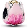 PANDORA Charm a forma di tulipano, in argento sterling 925 con placcatura in oro 14 carati, con tulipani smaltato rosa e cristallo verde, 764352C01