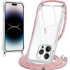 Oelrstfe Cover con Cordino per iPhone 14 Pro Max, Trasparente Silicone Custodia con Regolabile Collana Laccio Tracolla, Antigraffio Proteggere Case Corda per iPhone 14Pro Max, Rosa
