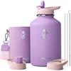 Coolflask Borraccia Termica 2L in Acciaio Inox con Custodia in Pelle PU, Coperchio a Cannuccia e Accessori, Isolamento Sottovuoto Mantiene Bevande Fredde 48h e Calde 24h, Viola Lilla