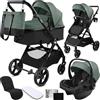 Twinly - Passeggino Trio 3 in 1 - Sistema Modulare con Carrozzina per Neonati, Ovetto Auto & Passeggino Leggero 25 kg portata - FABULY - Pieghevole con Borsa, Zanzariera e Parapioggia - [verde]
