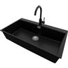 PRIMAGRAN Lavandino Angolare Nero 88x50cm, Lavello in Granito a 1 vasca + Rubinetto 32x20cm + Set di accessori, Lavabo da Cucina Incasso al Mobile 90cm - Oslo 90 Top S643