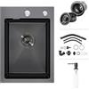 iAnomla Lavandino Cucina Nero, 35x50 cm, Lavello Cucina 1 Vasca in Acciaio Inox, Lavello da Esterno per Camper con Set di Drenaggio e 2 Fori di Preforato, Dispenser Sapone, Installazione a Sopratop o Filotop