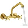 SowluZity Rubinetto Bagno Lavabo a Muro in Ottone Anticato, Miscelatore Vintage per Cucina con 2 Tubi Flessibili, Girevole 360° con Doppia Manopola, Bocca 25 cm