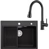 ANYCEE 60 x 46 cm Lavello Nero con Arco Rubinetto Estraibile, Lavandino Cucina Nero 1 Vasca con Cestello di Scarico, Lavello Granito per Mobile da 60 cm con Sifone e Scarico