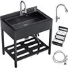 Afitdon Lavandino autoportante in acciaio inossidabile per esterni, lavello da cucina con scolapiatti e rubinetto estraibile e tubi dell'acqua calda e fredda, Kitchen Sink lavandino per il lavaggio a mano per