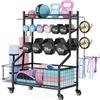 Eirolace Rastrelliera per Manubri a 4 Ripiani, Multifunzionale e Larghezza Regolabile, Supporto per Kettlebell, Blocchi Yoga e Tappetini, Organizzatore per Palestra Domestica con Ruote Bloccabili e Ganci