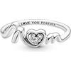 PANDORA Anello Moments a forma di cuore con pavé e scritta Mom in argento Sterling con zirconia cubica trasparente, 48
