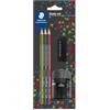 STAEDTLER Noris 183 SBK3P1 - Matita, realizzata in legno Upcycled Wood, superficie morbida, antiscivolo, con 3 matite HB, 1 gomma e temperino, 183 SBK3P1
