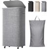 Lifewit Cesto Porta Biancheria Sporca con Coperchio e Ruote, Portabiancheria Pieghevole con Sacco Rimovibile, Laundry Basket per Camera da Letto, Bagno e Lavanderia, 105L, Grigio Chiaro