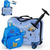 RELAX4LIFE Set Valigia Cavalcabile/Trolley per Bambini 18'' con Zaino 12'', 4 Ruote Girevoli, Maniglia Retrattile 56cm, 2 Cingie Multiuso, Zaino: 26x30cm/Trolley:47x26,5x36,5cm (BLU-2)