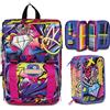 Mitama Zaino Scuola Estensibile Mitama con Tasca frontale, Rosa e Viola, Bambino Ragazzo + Astuccio Scuola 3 Scomparti con Contenuto 47 pz