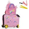 RELAX4LIFE Set Valigia Cavalcabile/Trolley per Bambini 18'' con Zaino 12'', 4 Ruote Girevoli, Maniglia Retrattile 56cm, 2 Cingie Multiuso, Zaino: 26x30cm/Trolley:47x26,5x36,5cm (ROSA-2)