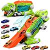 HONGYEE Dinosauro Camion Giocattolo con 8 Macchinine, Dinosauri Trasformabili per bambini 3 4 5 6 7 8+Anni,Garage,Set Pista da Corsa,Transforms in Dino con Ali,Camion Furgoni,Regali di Compleanno per Bambini