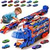Dcceeo Camion Trasporto Dinosauri, Transporter Truck Macchinine Giocattoli con 12 Auto da Corsa e Pista Pieghevole Camion Trasportatore di Dinosauri Giocattolo Regalo per Ragazzi dai 2 3 4 5 6 7 Anni