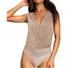 QUINTRA Body da donna a vita alta con paillettes, senza maniche, scollo a V, paillettes, sexy, perizoma, beige., S