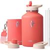 Coolflask Borraccia Termica 2L in Acciaio Inox con Custodia in Pelle PU e Coperchio a Cannuccia, Isolata Sottovuoto Mantiene Bevande Fredde 48h e Calde 24h, Arancione