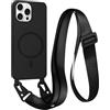 FMPCUON FNPCUON Cover Magnetica con Cordino per iPhone 15 Pro Max Compatibile con MagSafe,Ricarica Wireless, Placcatura Disegno Custodia con Collana Laccio Tracolla Regolabile Case.Nero