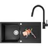 ANYCEE 86x45 cm Lavello Granito con U Rubinetto Estraibile, Lavandino Cucina 1 Vasca con Gocciolatoio, Lavello Nero per Mobile di Base di Oltre 50cm