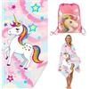KDFSSIPE Telo Mare In Microfibra Con Unicorno, Telo Mare e Da Bagno Con Laccio, Con Motivo Unicorno,Resistente Alla Sabbia - a Righe Colorate, Ideale Per La Spiaggia e (pink white)