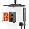 VEVOR Sistema Doccia a Pioggia per Bagno con Soffione Quadrato 254 mm e Doccetta, Set di Rubinetti da Doccia a Soffitto, con Valvola in Ottone e Kit di Finitura, Rubinetto Doccia, Nero Opaco