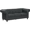 Divano 3 Posti Stile Chesterfield Trapuntato Con Molle Insacchettate, Finta Pelle, 213x86x79 Cm, Nero