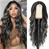 PORSMEER Parrucca Ondulata Lungo Nero Con Bionda Highlights, 66 cm Linea Centrale Riccia Naturale Resistente al Calore Sintetica per Donne Festa Quotidiana
