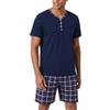Irdcomps Pigiama Uomo Estivo Cotone Corto Pigiami Set 2 Pezzi Leggero Maniche Cort Scollo a V Pantaloni Corti Scozzesi con Tasche Abbigliamento Casual Blu Navy M