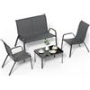 LIFERUN Set Salotto da Giardino 4 Pezzi, Set Mobili da Esterno con Divano 2 Posti, 2 Poltrone, 1 Tavolino in vetro, Textilene Traspirante, Set da Conversazioni per Piccolo Balcone, Terrazzo (Grigio)
