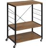 WOLTU Scaffale da Cucina con Ruote, Carrello Cucina a 3 Livelli, Scaffale per Microonde con 4 Ganci, Carrello da Bar con Struttura in Metallo, Marrone Rustico+Nero, 60x40x82,5 cm