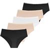 Dorina Set 5 Slip Hipster Donna Naomi - Morbido Cotone con Bordo in Pizzo in Vita, Copertura Completa, Mutande Comode, Avorio, Beige e Nero