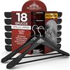 Eurocali 18 Grucce Appendiabiti in Legno Nero a Spalla Larga per Giacche Camicie Vestiti Abiti - RealGruccia con Barra Porta Pantaloni e Gancio Girevole 360° - Finitura Lucida e Profilo Smussato - 24x45cm
